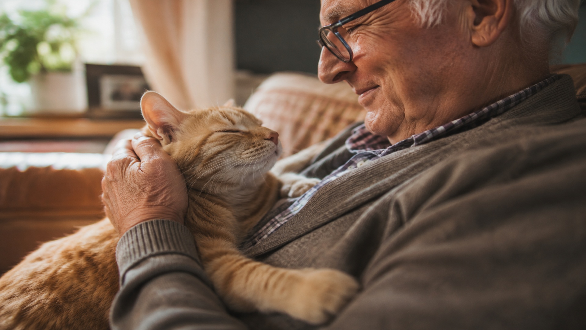 Uomo anziano coccola il suo gatto sul divano