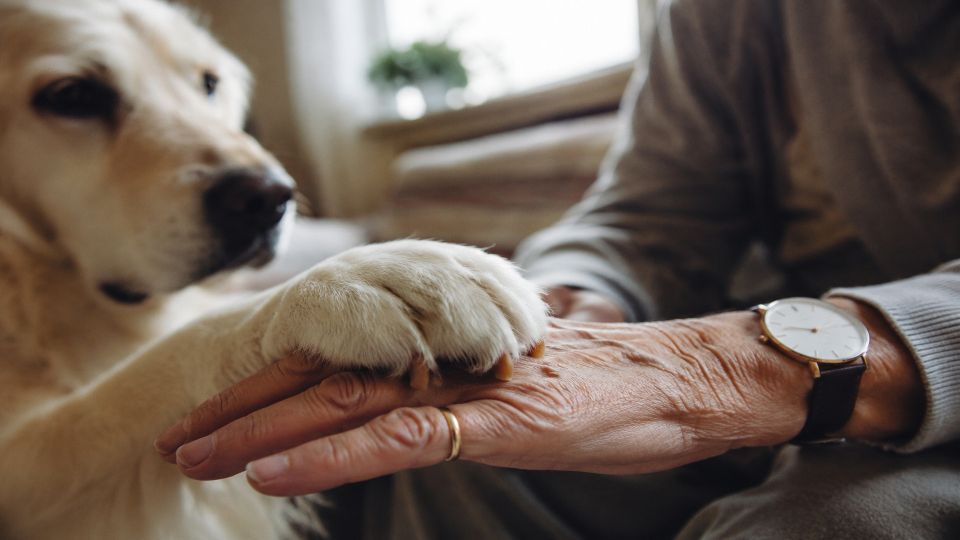 Mano di una persona anziana che tiene la zampa del suo cane